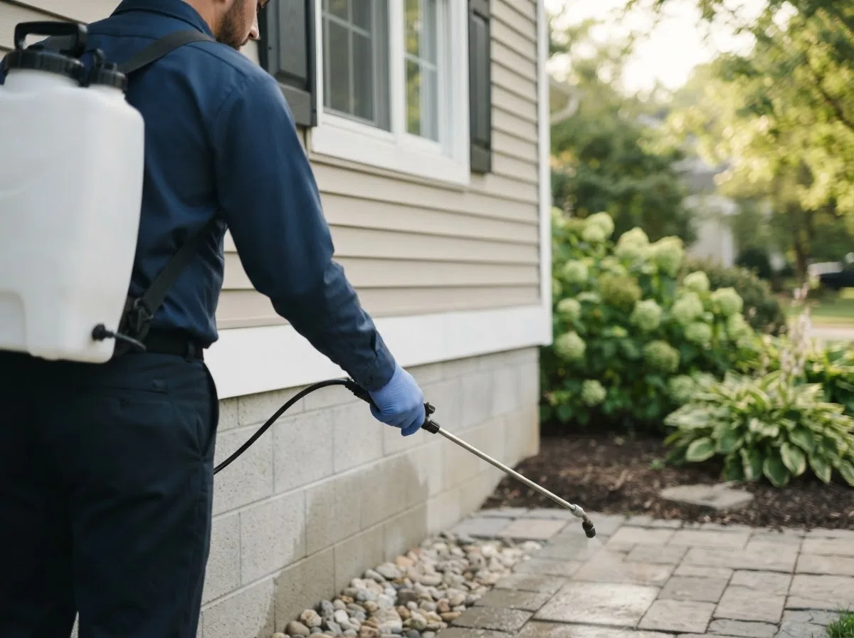 Pest control technician inspecting a home in Oakford, IN